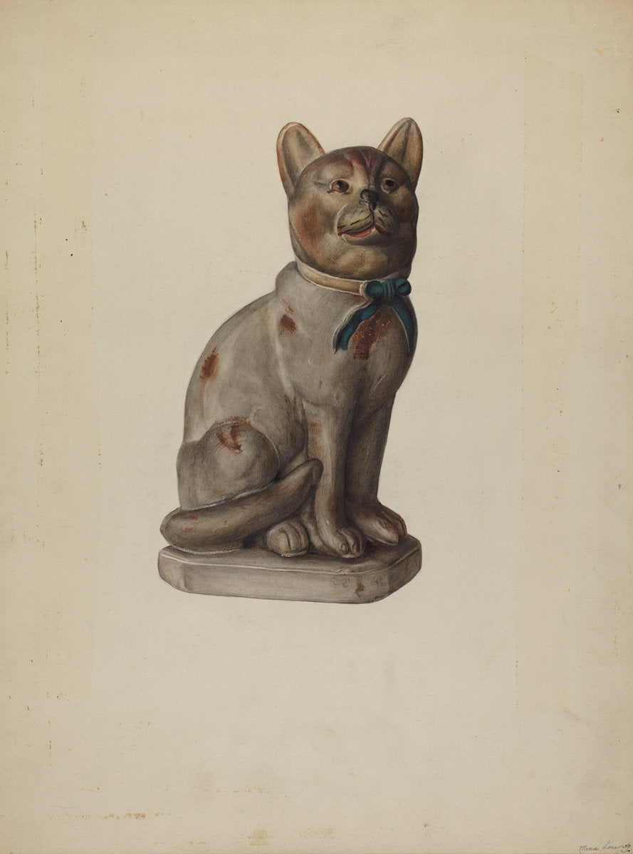 Pa. German Chalkware Cat with Mouse by Mina Lowry (American, 1894 - 1942), 16X12"(A3)Poster Print