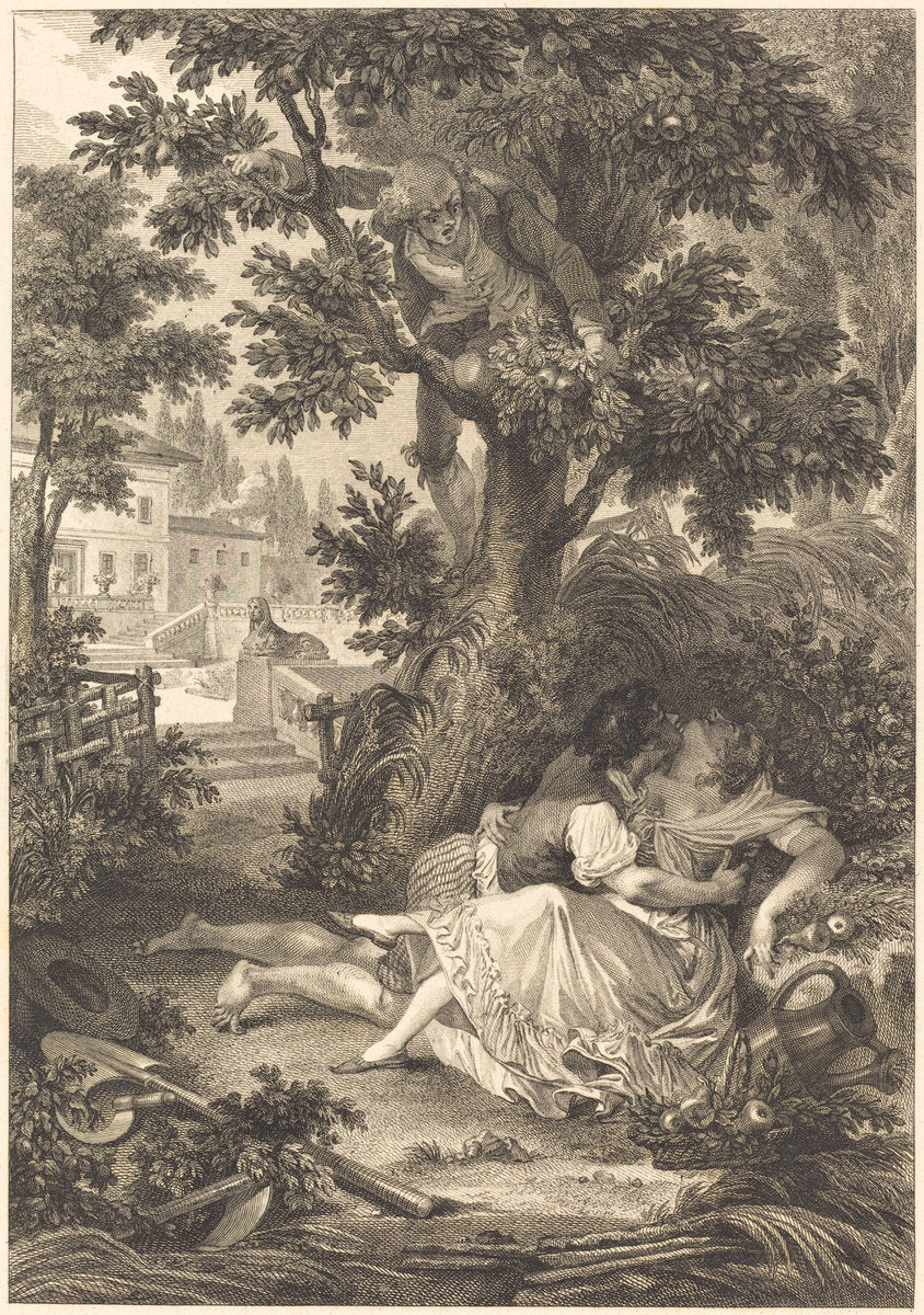 etching and engraving by after Jean-Baptiste Mallet (La gageure des trois commeres: Le poirier), 16X12"(A3)Poster Print