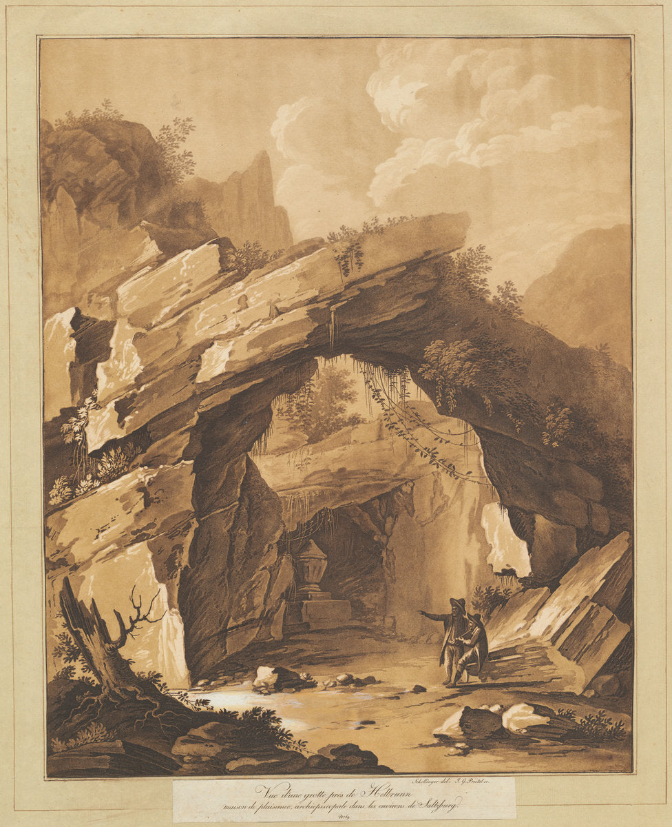 View of the Grotto by Heilbrunn, near Salzburg by Johann Gottlieb Prestel, after Schellinger (German, 1739 - 1808), 16X12"(A3)Poster Print