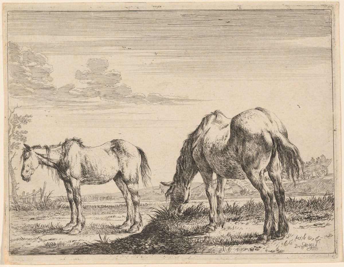 Two Grazing Horses by Dirck Stoop (Dutch, 1618 - 1676), 16X12"(A3)Poster Print