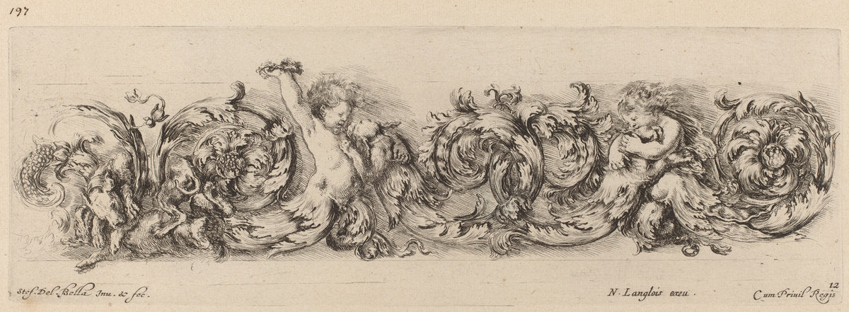 Ornamental Frieze with Children and Dogs by Stefano Della Bella (Italian, 1610 - 1664), 16X12"(A3)Poster Print