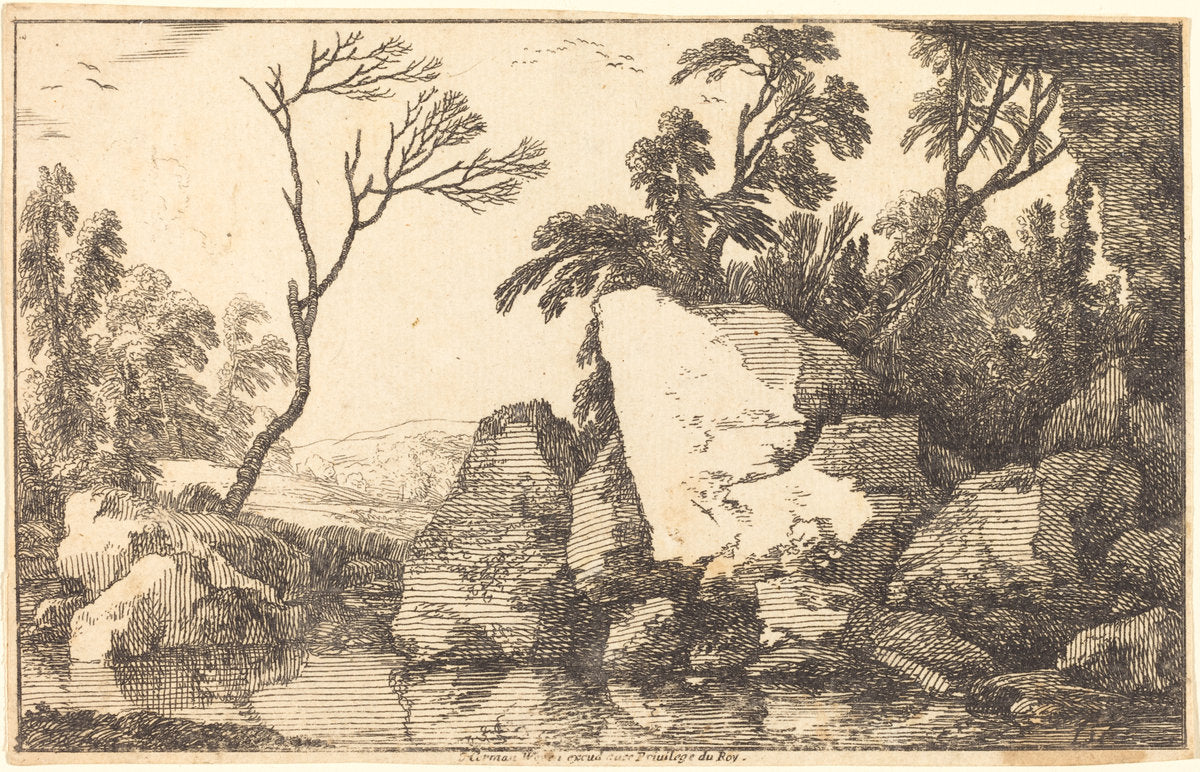A Rocky Pond by Laurent de La Hyre (French, 1606 - 1656), 16X12"(A3)Poster Print