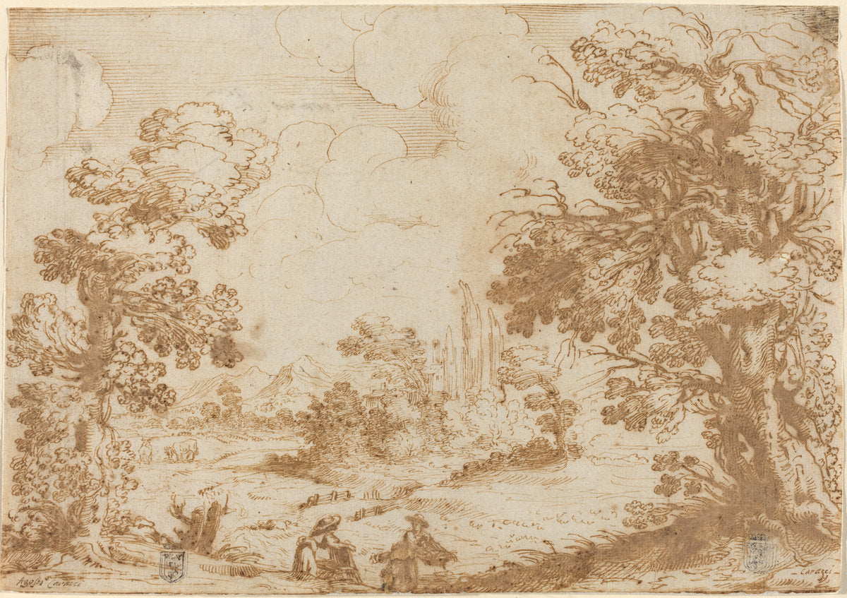 Landscape with Two Washerwomen by Agostino Carracci (Bolognese, 1557 - 1602), 16X12"(A3)Poster Print