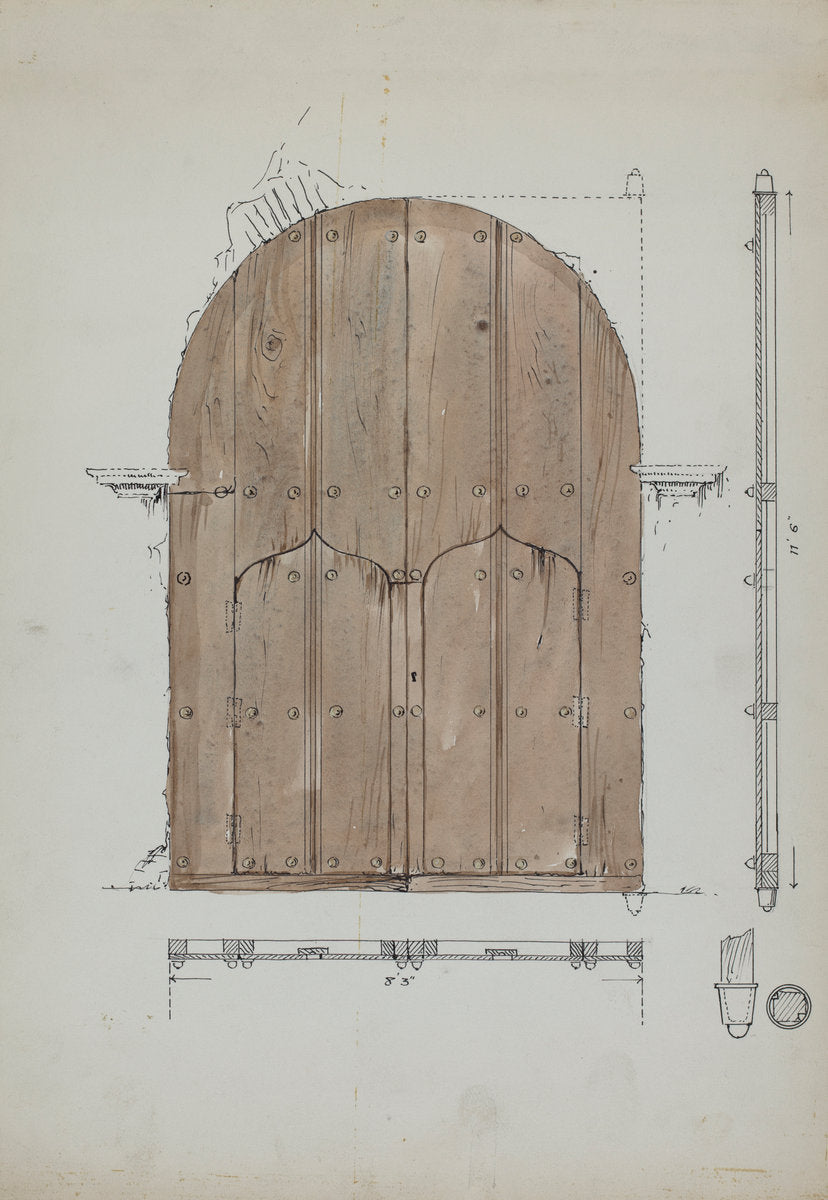 Restoration Drawing of Original "Needle's Eye"Doors, Formerly Main Entrance Doors of by Geoffrey Holt (American, active c. 1935), 16X12"(A3)Poster Print