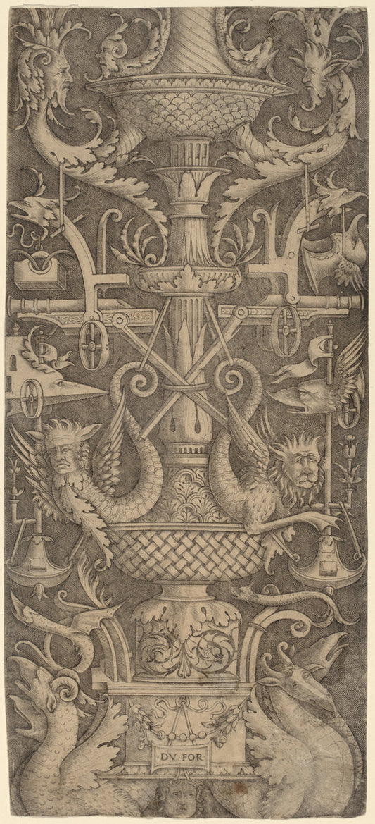 Ornament Panel with Dragons, Masks, and Instruments of War by Zoan Andrea (Italian, active c. 1475/1519), 16X12"(A3)Poster Print