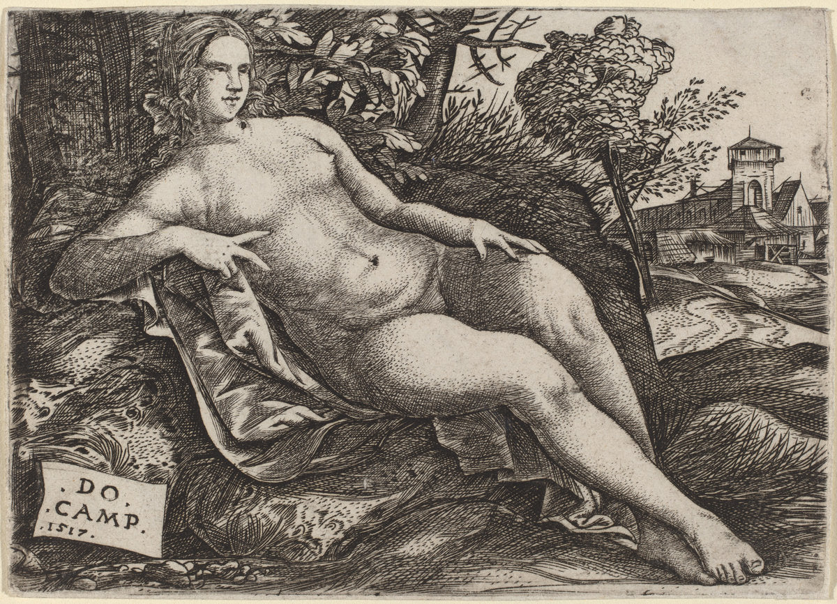 Venus Reclining in a Landscape by Domenico Campagnola (Italian, before 1500 - 1564), 16X12"(A3)Poster Print