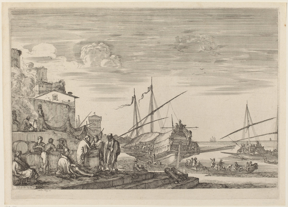 View of Several Houses Facing the Port by Stefano Della Bella (Italian, 1610 - 1664), 16X12"(A3)Poster Print