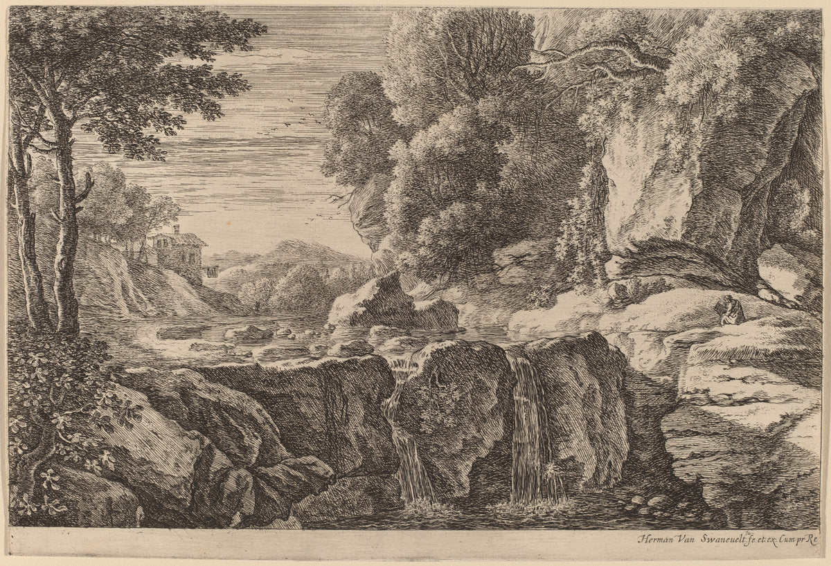 The Small Waterfall by Herman van Swanevelt (Dutch, c. 1600 - 1655), 16X12"(A3)Poster Print