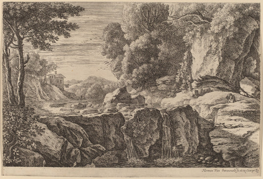 The Small Waterfall by Herman van Swanevelt (Dutch, c. 1600 - 1655), 16X12"(A3)Poster Print