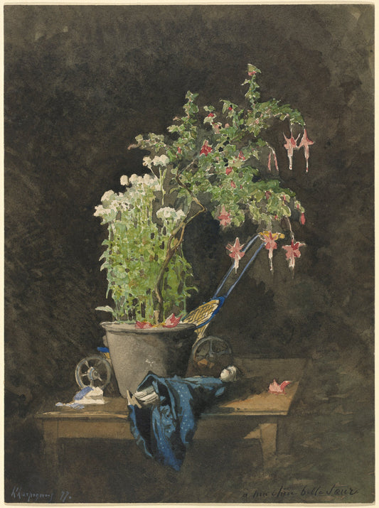 A Potted Fuchsia with Children's Toys by Henri-Joseph Harpignies (French, 1819 - 1916), 16X12"(A3)Poster Print
