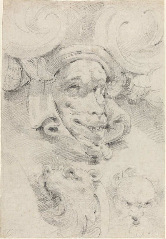 Ornamental Sketches with Grotesque Masks by Pierre Puget (French, 1620 - 1694), 16X12"(A3)Poster Print