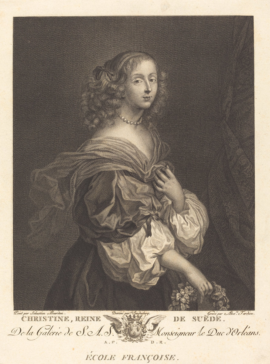 Queen Christina of Sweden by Alexandre Tardieu after Sébastien Bourdon after Charles Auguste van den Berghe (French, 1756 - 1844), 16X12"(A3)Poster Print