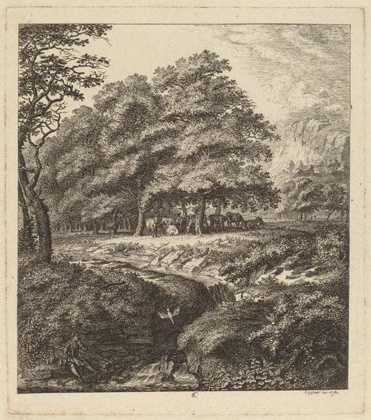 Cattle Resting in a Grove with a Man Seated beside a Brook by Salomon Gessner (Swiss, 1730 - 1788), 16X12"(A3)Poster Print
