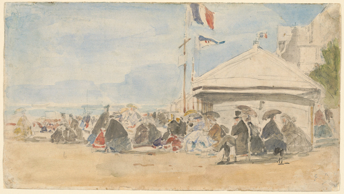 Beach House with Flags at Trouville by Eugène Boudin (French, 1824 - 1898), 16X12"(A3)Poster Print