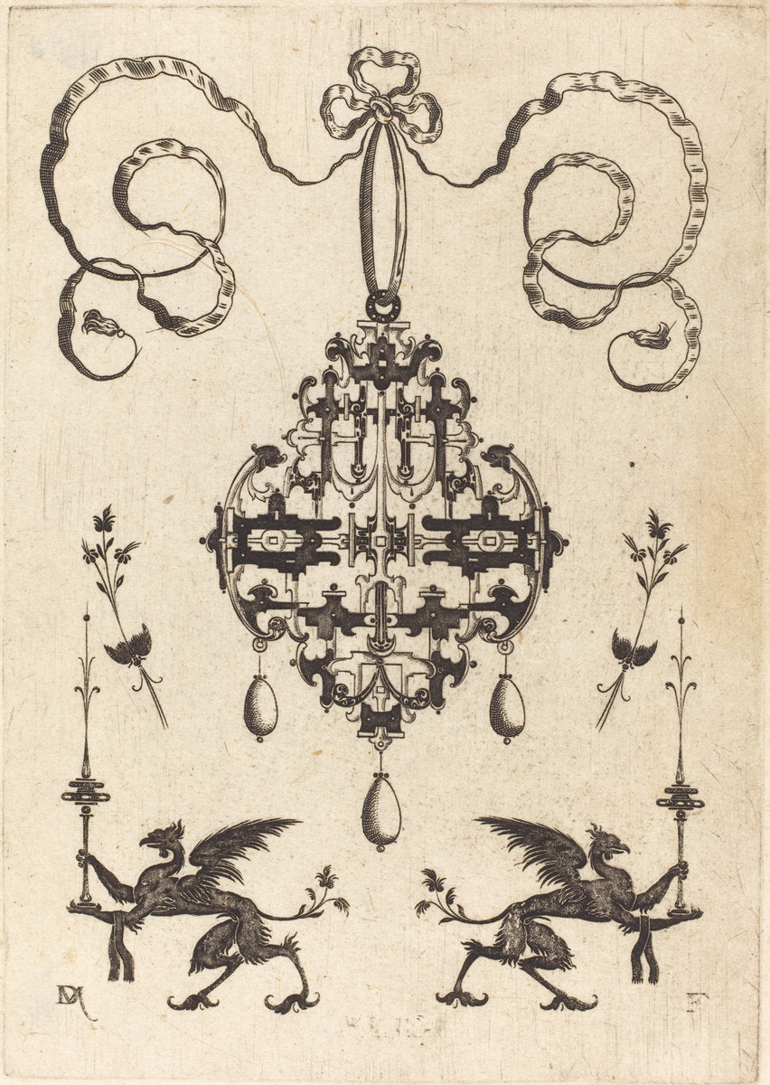 Large Pendant, Lower Left and Right Two Griffins Carrying Fantasy Candlesticks by Daniel Mignot (German, active 1593/1596), 16X12"(A3)Poster Print