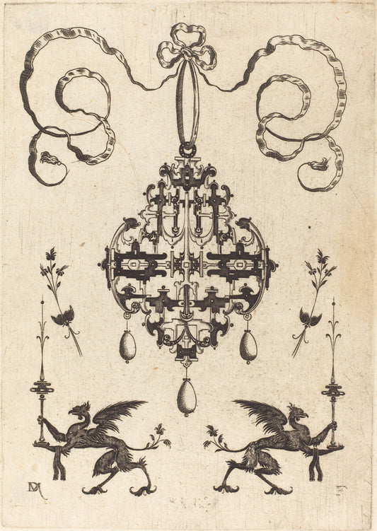 Large Pendant, Lower Left and Right Two Griffins Carrying Fantasy Candlesticks by Daniel Mignot (German, active 1593/1596), 16X12"(A3)Poster Print