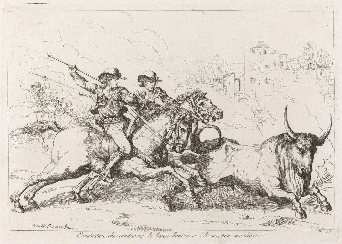 Cavalcature che conducono le bestie bovine in Roma, per macellare (Cattle Driven to the Slaughter in Rome) by Bartolomeo Pinelli (Italian, 1781 - 1835), 16X12"(A3)Poster Print