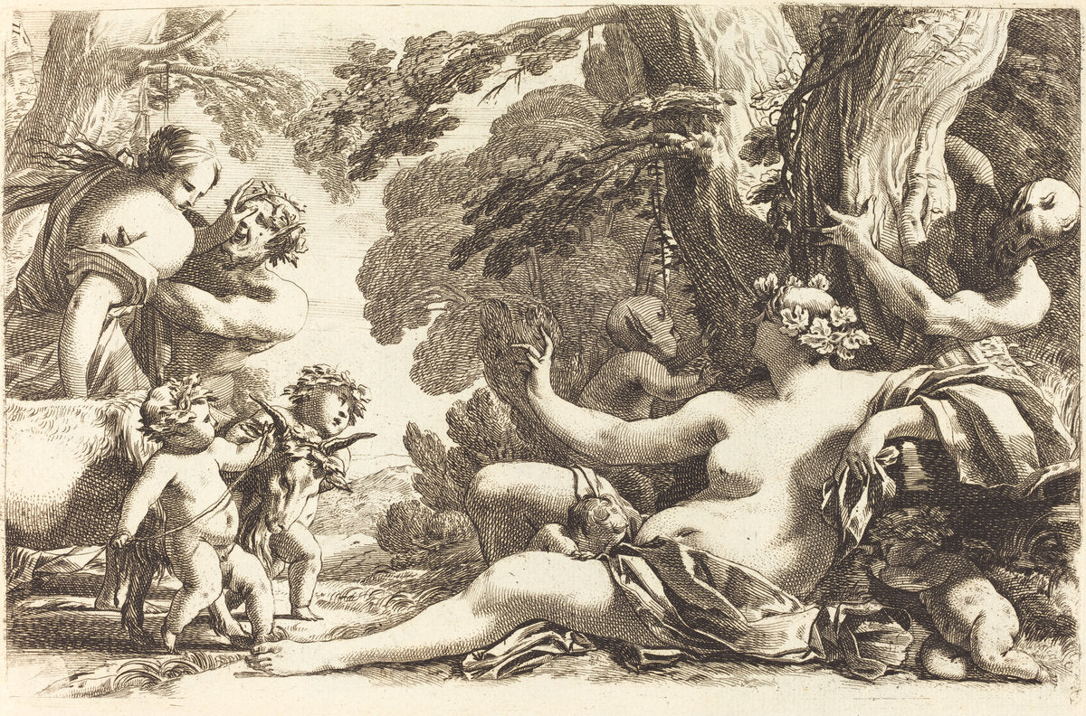 Seated Bacchante with Children by Michel Dorigny (French, 1617 - 1665), 16X12"(A3)Poster Print