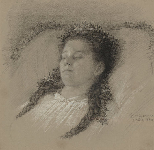 A Girl on Her Deathbed with a Crown of Flowers by Eduard Julius Friedrich Bendemann (German, 1811 - 1889), 16X12"(A3)Poster Print