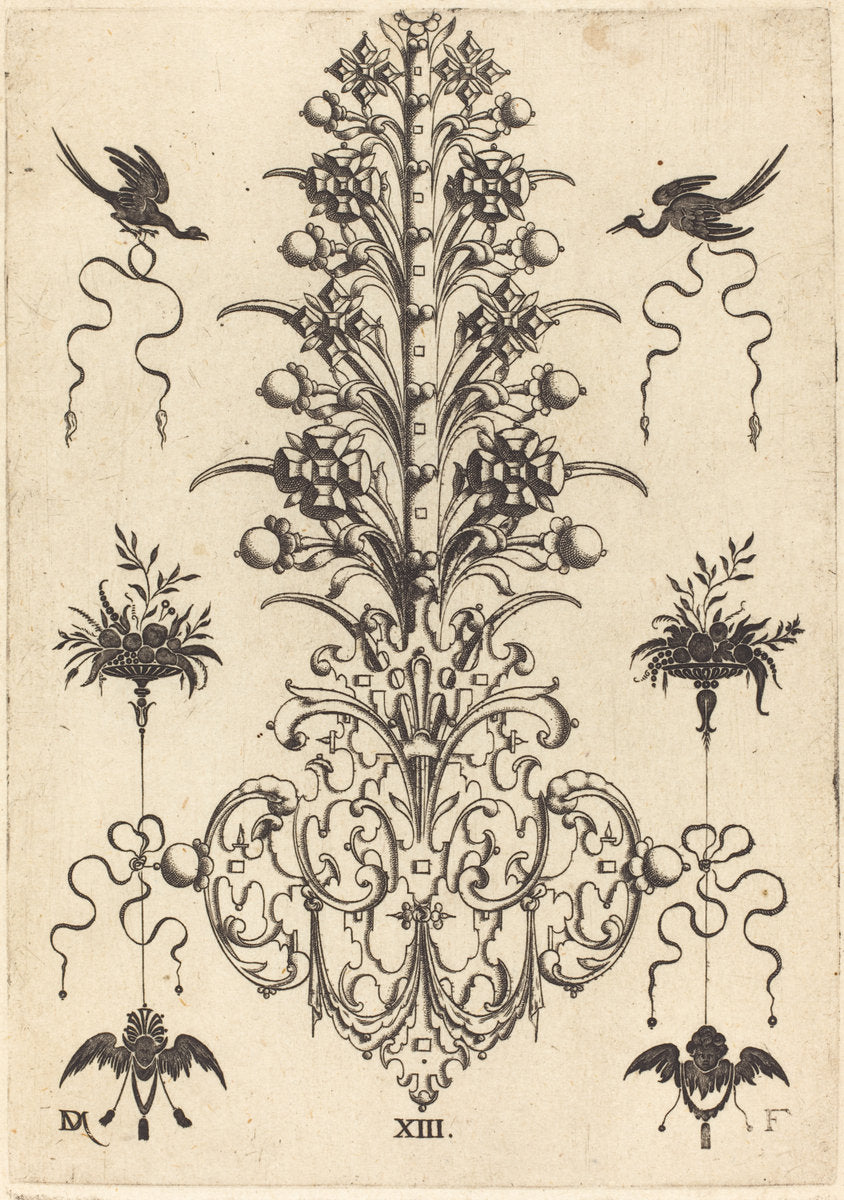 Hyacinth-Shaped Brooch with Birds at Top and Devil's- and Angel's-Head at Bottom by Daniel Mignot (German, active 1593/1596), 16X12"(A3)Poster Print