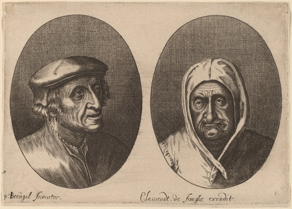 Heads of a Peasant Man and Woman by Adriaen Brouwer after Pieter Bruegel the Elder (Flemish, 1605/1606 - 1638), 16X12"(A3)Poster Print