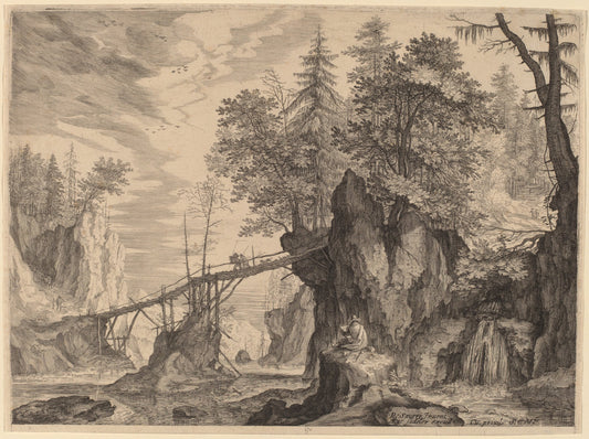 Draughtsman on a Stone before a Bridge by Aegidius Sadeler II after Roelandt Savery (Flemish, c. 1570 - 1629), 16X12"(A3)Poster Print