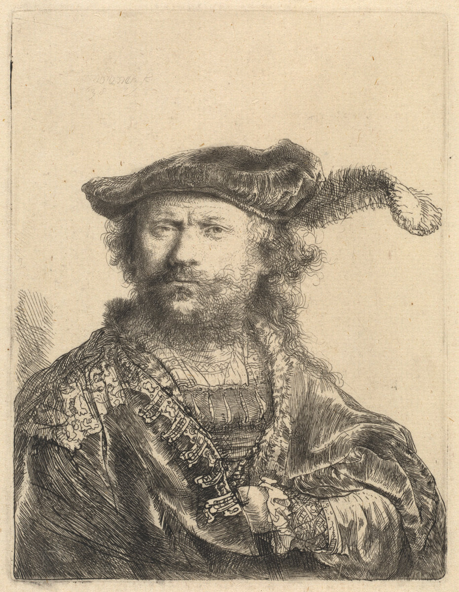 Self-Portrait in a Velvet Cap with Plume by Rembrandt van Rijn (Dutch, 1606 - 1669), 16X12"(A3)Poster Print