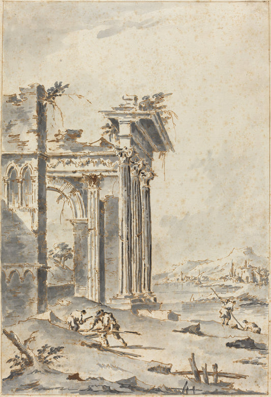 Capriccio of Classical Ruins on a Shore by Giacomo Guardi (Venetian, 1764 - 1835), 16X12"(A3)Poster Print
