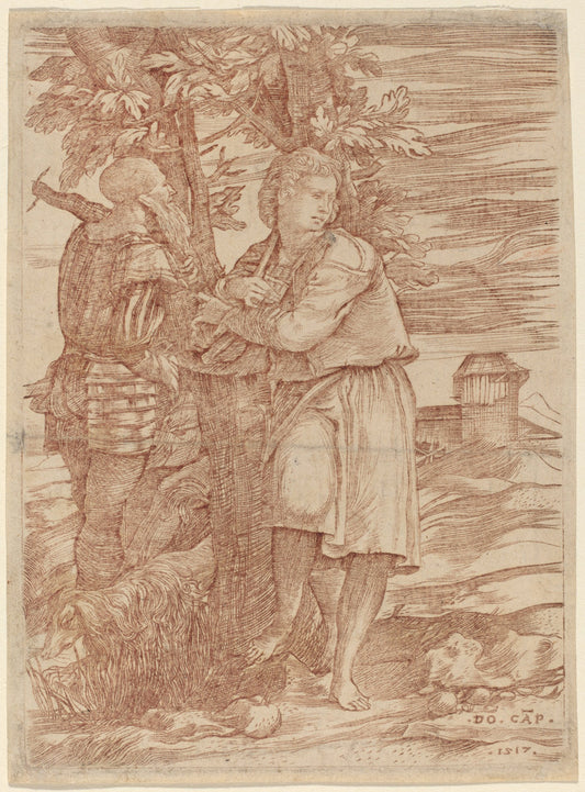 The Shepherd and the Old Warrior by Domenico Campagnola (Italian, before 1500 - 1564), 16X12"(A3)Poster Print