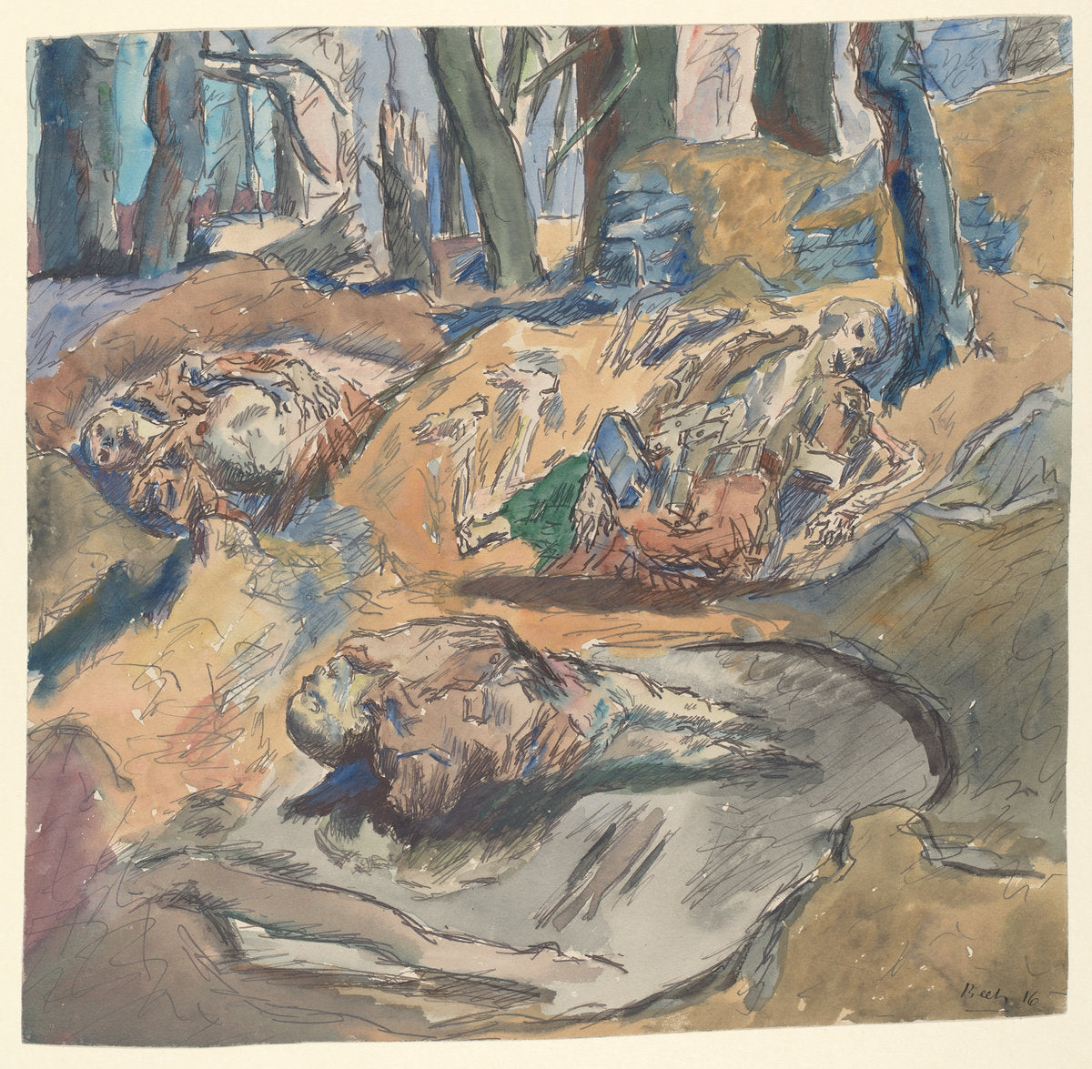 Dead Scottish Soldiers on the Battlefield near Ypres by René Beeh (German, 1886 - 1922), 16X12"(A3)Poster Print
