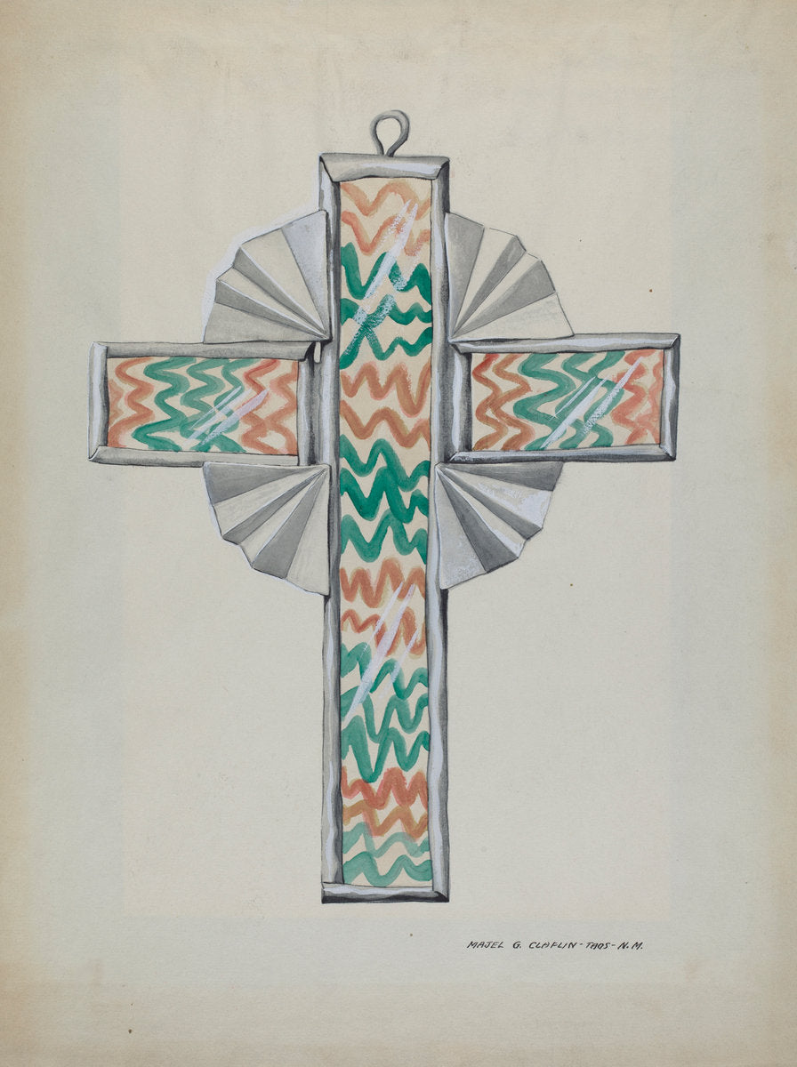 Tin and Painted Glass Cross by Majel G. Claflin (American, active c. 1935), 16X12"(A3)Poster Print