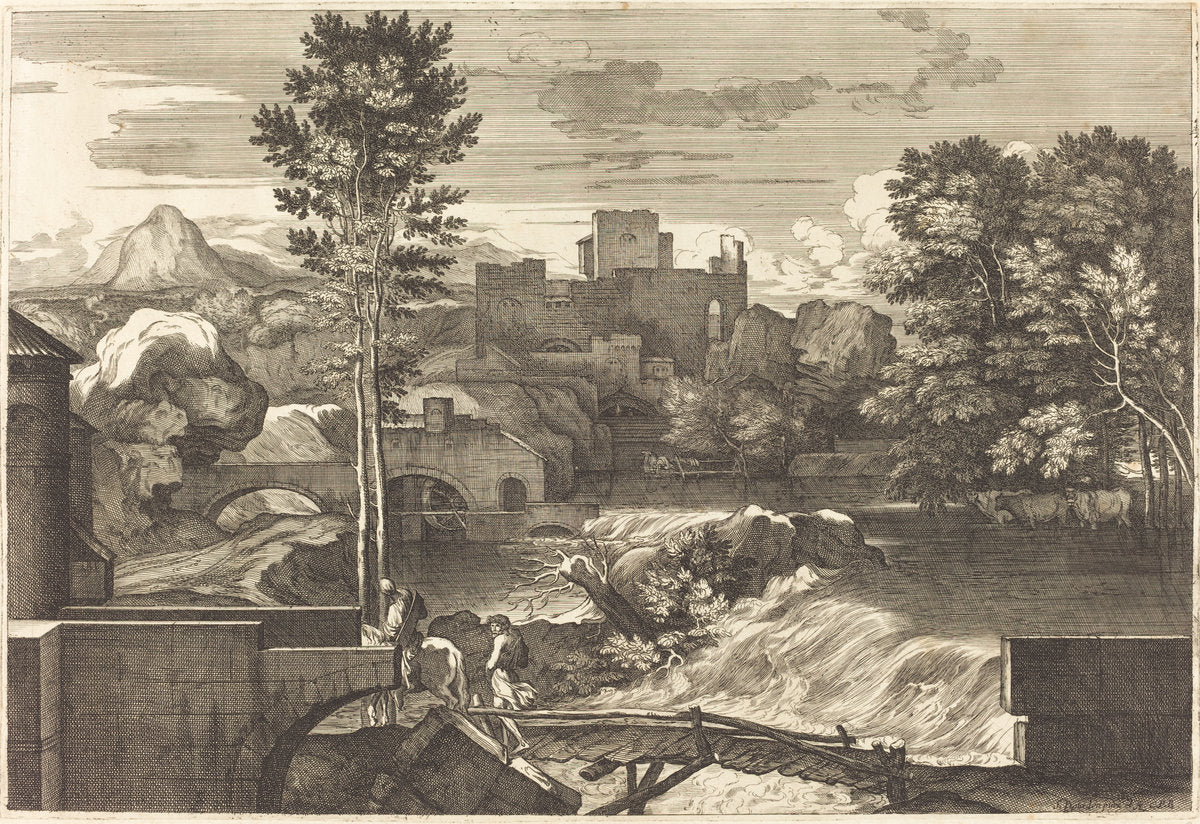 Landscape with Two Figures on a Bridge by Sébastien Bourdon (French, 1616 - 1671), 16X12"(A3)Poster Print