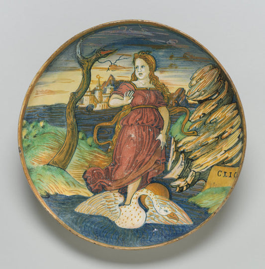 c. 1535/1540 by Probably painted and lustered in the workshop of Maestro Giorgio Andreoli of Gubbio (Shallow bowl on low foot with the muse Clio riding on a swan through a watery landscape), 16X12"(A3)Poster Print
