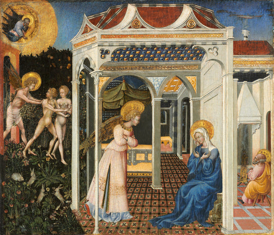 The Annunciation and Expulsion from Paradise by Giovanni di Paolo (Sienese, c. 1403 - 1482), 16X12"(A3)Poster Print