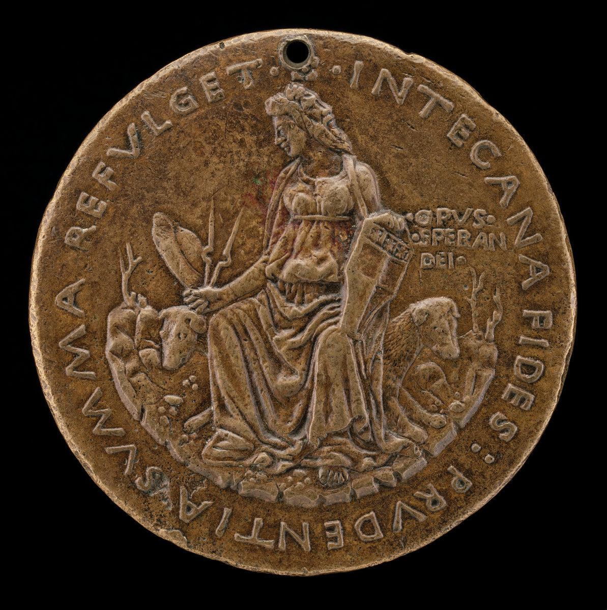 Prudence Seated on Two Hounds Holding Manfredi Shield [reverse] by Sperandio (Italian, c. 1425/1428  - c. 1504), 16X12"(A3)Poster Print