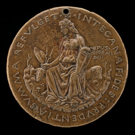 Prudence Seated on Two Hounds Holding Manfredi Shield [reverse] by Sperandio (Italian, c. 1425/1428  - c. 1504), 16X12"(A3)Poster Print
