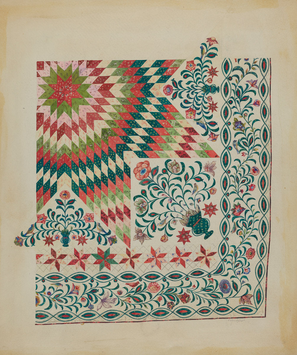 Applique and Patchwork Quilt by John Oster (American, active c. 1935), 16X12"(A3)Poster Print