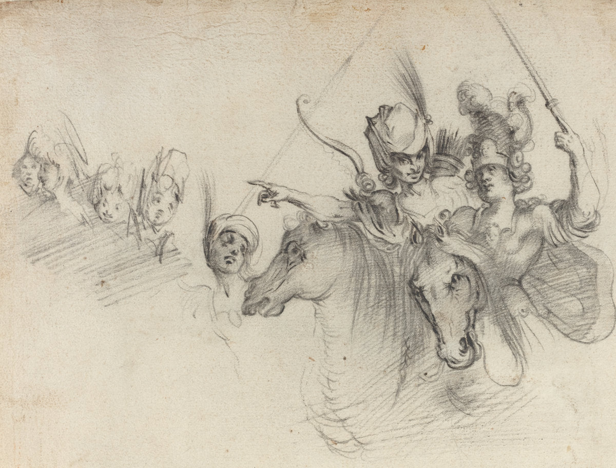 black chalk on laid paper by after Jacques Bellange (Figures on Horseback [verso]), 16X12"(A3)Poster Print