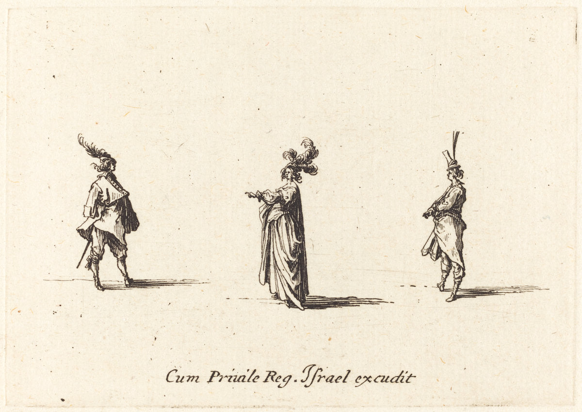 Lady with Plumed Hat, and Two Gentlemen by Jacques Callot (French, 1592 - 1635), 16X12"(A3)Poster Print