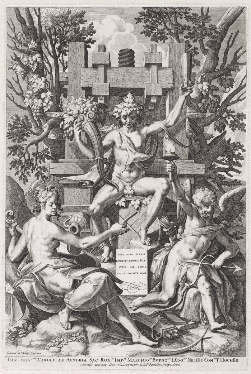 Bacchus Seated on a Barrel between Amor and Music by Jan Sadeler I, after Joos van Winghe (Flemish, 1550 - 1600), 16X12"(A3)Poster Print
