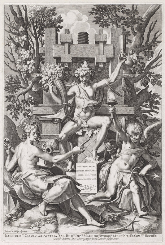 Bacchus Seated on a Barrel between Amor and Music by Jan Sadeler I, after Joos van Winghe (Flemish, 1550 - 1600), 16X12"(A3)Poster Print