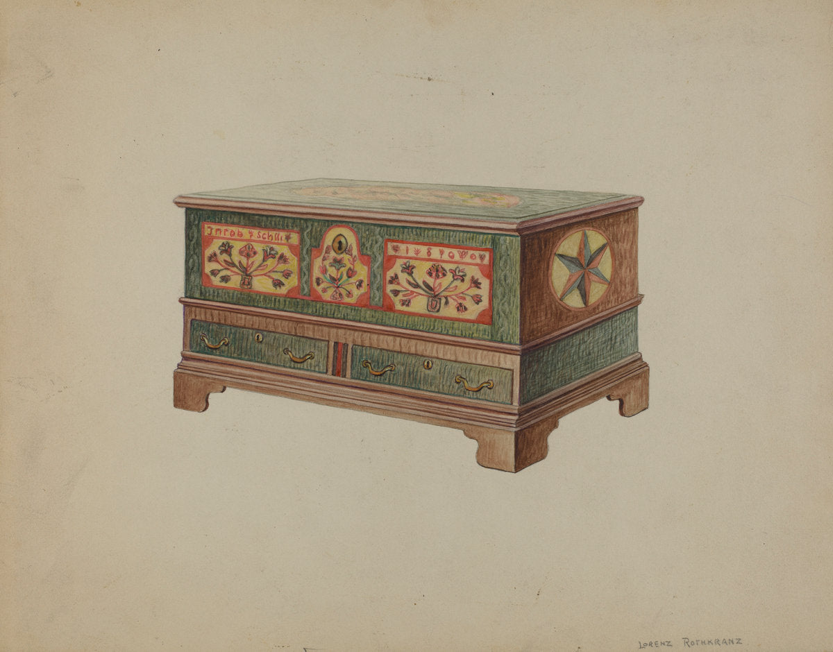 Pa. German Dower Chest by Lorenz Rothkranz (American, active c. 1935), 16X12"(A3)Poster Print