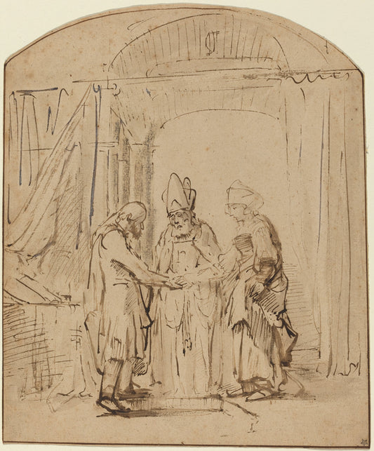 pen and brown ink with brown wash on laid paper by Studio of Rembrandt van Rijn (The Betrothal of the Holy Virgin), 16X12"(A3)Poster Print
