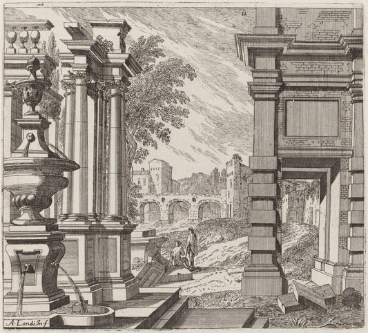 Architectural Fantasy with a Fountain, Classical Ruins, and a Bridge by Giuseppe Antonio Landi (Italian, 1713 - 1791), 16X12"(A3)Poster Print