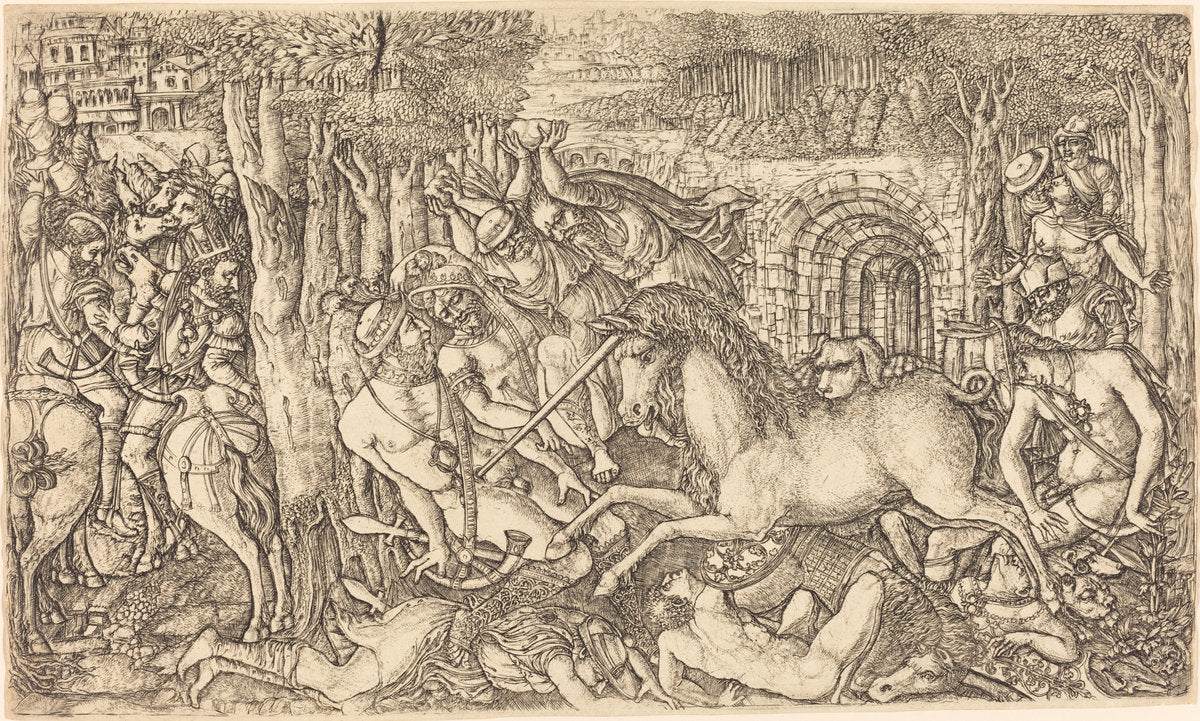 A King Pursued by a Unicorn by Jean Duvet (French, 1485 - c. 1570), 16X12"(A3)Poster Print