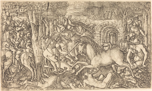 A King Pursued by a Unicorn by Jean Duvet (French, 1485 - c. 1570), 16X12"(A3)Poster Print