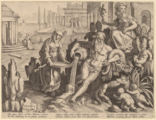 The River God Tiber with the Urn and the Vestal Tuccia by Theodor Galle after Jan van der Straet (Flemish, c. 1571 - 1633), 16X12"(A3)Poster Print