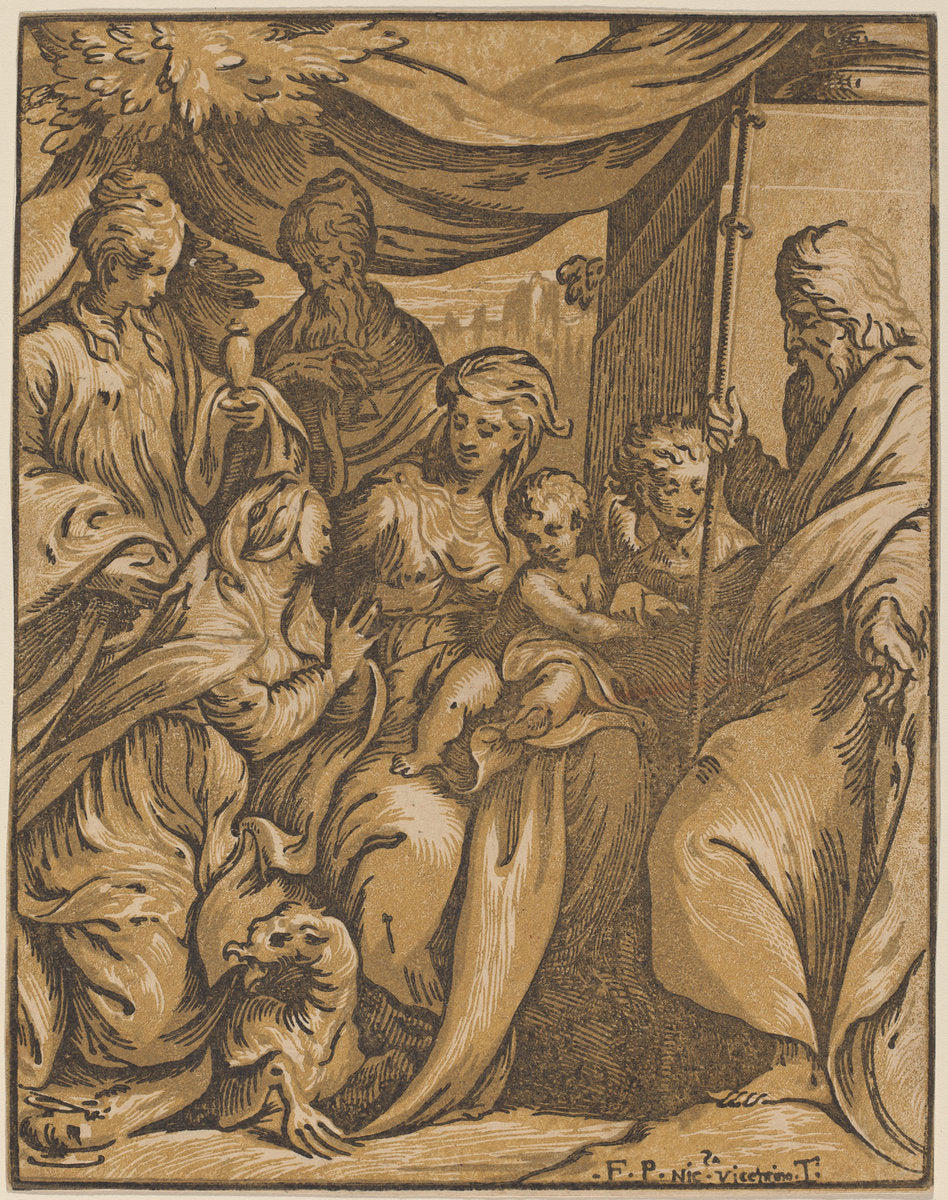 The Virgin and Child with Saints by Giuseppe Nicolo Vicentino, after Camillo Boccaccino (Italian, 1470 - 1560), 16X12"(A3)Poster Print
