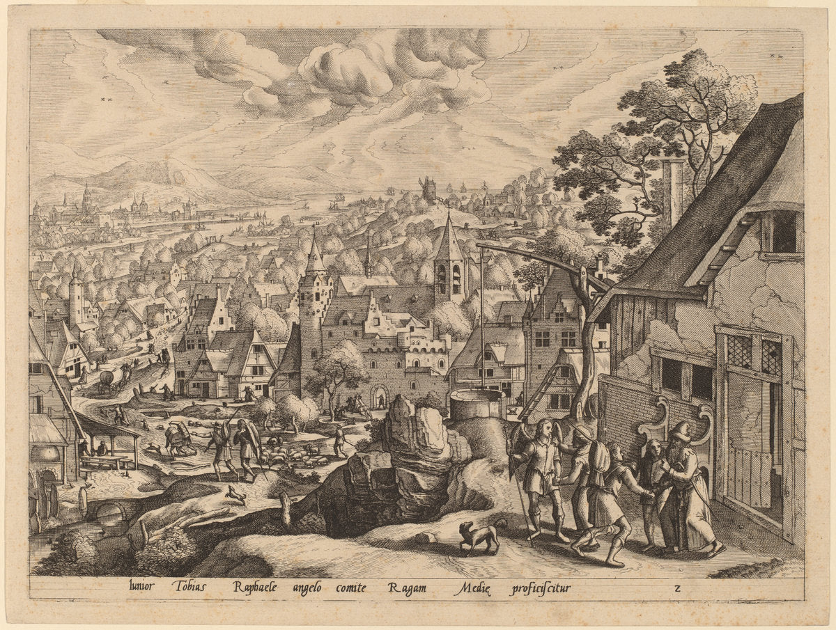 The Archangel Raphael Takes Tobias from His Home by Gerard de Jode after Hans Bol (Flemish, 1509 or 1517 - 1591), 16X12"(A3)Poster Print