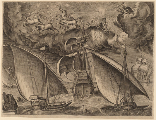 Two Galleys behind an Armed Three-Master with Phaethon and Jupiter in the Sky by Frans Huys after Pieter Bruegel the Elder (Flemish, 1522 - 1562), 16X12"(A3)Poster Print